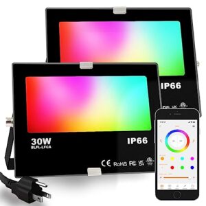 ilc led flood light 30w outdoor rgb color changing, smart floodlights rgbw 2700k warm white & 16 million colors, 20 modes, grouping, timing, ip66 waterproof (2 pack)