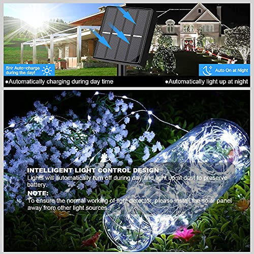 Solar Powered String Lights Solar Fairy Lights Patio Furniture, 10 Meters/33 Ft, 100LEDS/8 Modes, Waterproof Copper Wire Lighting for Indoor&Outdoor, Wedding, Home, Garden Decoration, 2 Pack - White