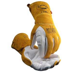 caiman premium goat grain tig/multi-task welding gloves, split cowhide back, 4-inch kontour wrist cuff, unlined, kevlar sewn, white/gold, large (1540-5)
