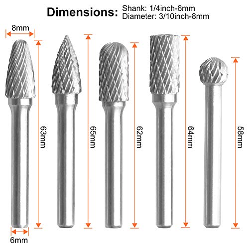 5Pcs Premium Tungsten Steel Carbide Rotary Burr Set, 1/4inch Shank Double Cut Carbide Burr Set, 8MM Head Die Grinder Bits for Die Grinder Drill, DIY Wood-Working Carving, Metal Polishing, Engraving