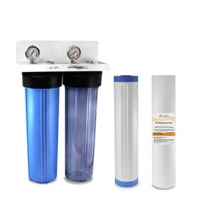 20 in x 4.5 in bb two stage clear whole house water filter system,1" in/out port double o ring housing w/sediment gac carbon filters + pressure gauge