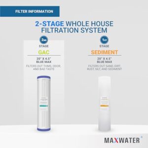 20 in x 4.5 in BB Two Stage Clear Whole House Water Filter System,1" in/Out Port Double O Ring Housing w/Sediment GAC Carbon Filters + Pressure Gauge