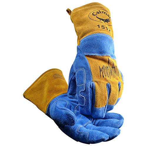 Caiman Premium Split Cowhide MIG/Stick Welding Gloves, Wool Lining, Kontour, Kevlar, Blue/Gold, Large (1512)