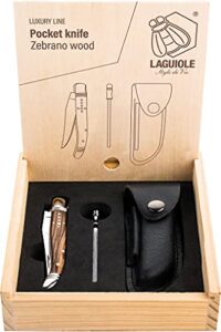 laguiole style de vie pocket knife with sharpening steel, leather pouch and giftbox, zebranowood