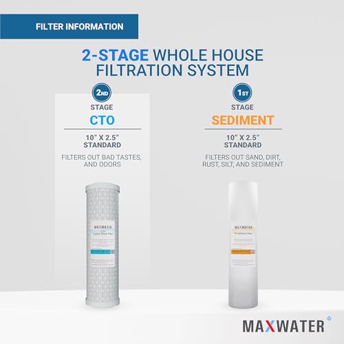 Max Water 2 Stage (Sediment, Odor & Improving Taste) Whole House 10 inch, Standard Water Filtration System - Clear Housing - Sediment + CTO - ¾" Inlet/Outlet