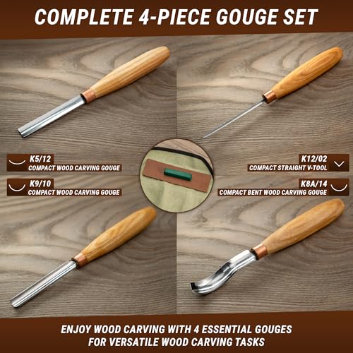 BeaverCraft, Wood Carving Chisel Set SC01 - Gouge Wood Carving Tools Kit in Rolling Pouch with Leather Strop Polishing Compound Kit - Radial Gouges Flat Chisel Bent Gouge (Chisel Set)