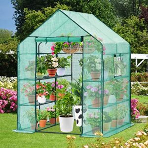 Greenhouse for Outdoors with Screen Windows, Ohuhu Walk in Plant Greenhouses Heavy Duty with Durable PE Cover, 3 Tiers 12 Shelves Stands 4.8x4.8x6.3 FT Plastic Portable Green House with Shelf Clips