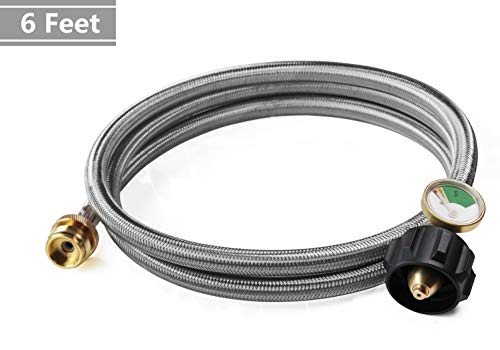 DOZYANT 6 Feet Stainless Braided Propane Hose Adapter with Propane Tank Gauge, 1 lb to 20 lb Propane Converter Hose for Propane Stove, Tabletop Grill and More 1lb Portable Appliance