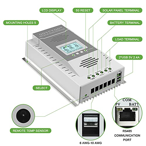 OOYCYOO MPPT Charge Controller 80 amp 12V/24V Auto, 80A Solar Panel Charge Regulator with Blacklight LCD Display Max 100V for Lead-Acid Sealed Gel AGM Flooded Lithium Batter