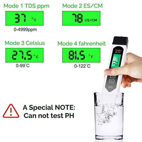 Professional Water Quality Tester，EC TDS meter, 4 in 1 Portable High Precision Digital TDS PPM Meter, Ideal ppm Meter for Drinking Water, Hydroponics and Water purifier