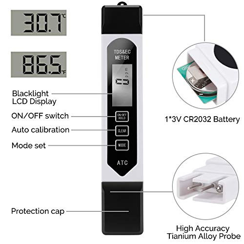 Professional Water Quality Tester，EC TDS meter, 4 in 1 Portable High Precision Digital TDS PPM Meter, Ideal ppm Meter for Drinking Water, Hydroponics and Water purifier