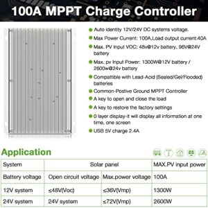 OOYCYOO MPPT Charge Controller 100 amp 12V/24V Auto, 100A Solar Panel Charge Regulator with Blacklight LCD Display Max 100V for Lead-Acid Sealed Gel AGM Flooded Lithium Batter