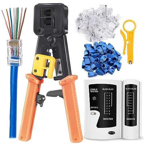 RJ45 Crimp Tool Ethernet Crimper for RJ45 Cat6 Cat5 Cat5e Pass Through Connectors and RJ12 Plug Ends with 50PCS RJ45 Cat6 Connectors, RJ45 Cable Tester and Mini Wire Stripper