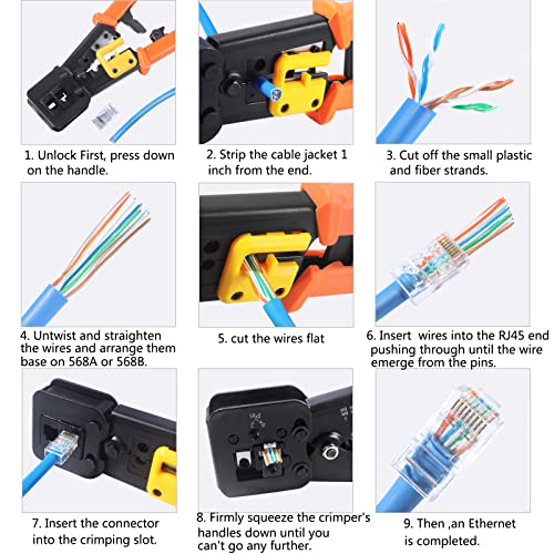 RJ45 Crimp Tool Ethernet Crimper for RJ45 Cat6 Cat5 Cat5e Pass Through Connectors and RJ12 Plug Ends with 50PCS RJ45 Cat6 Connectors, RJ45 Cable Tester and Mini Wire Stripper