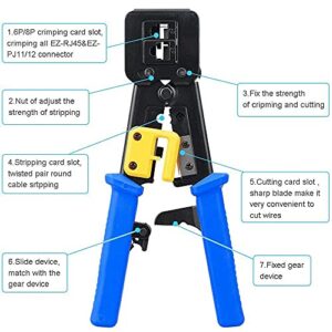 RJ45 Crimping Tool Ethernet Crimper for Cat6 Cat5 Cat5e RJ45 Pass Through Connectors and RJ12 Ends Comes with 20PCS RJ45 Cat6 Connectors and Replacement Blade