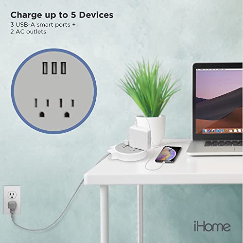 iHome Retractable Charger: Fast Charge Travel Power Strip with 3 USB Ports, 2 AC Outlets and 4 ft Manually Retractable Compact Extension Cord, White