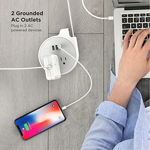 iHome Retractable Charger: Fast Charge Travel Power Strip with 3 USB Ports, 2 AC Outlets and 4 ft Manually Retractable Compact Extension Cord, White