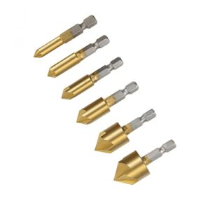 uxcell Countersink Drill Bit Set 6mm 8mm 9mm 12mm 16mm 19mm Dia 1/4” Hex Shank 90 Degree 5 Flute Chamfer Tool for Woodworking Titanium Plating HSS 6pcs