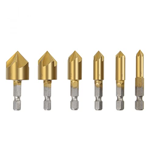 uxcell Countersink Drill Bit Set 6mm 8mm 9mm 12mm 16mm 19mm Dia 1/4” Hex Shank 90 Degree 5 Flute Chamfer Tool for Woodworking Titanium Plating HSS 6pcs