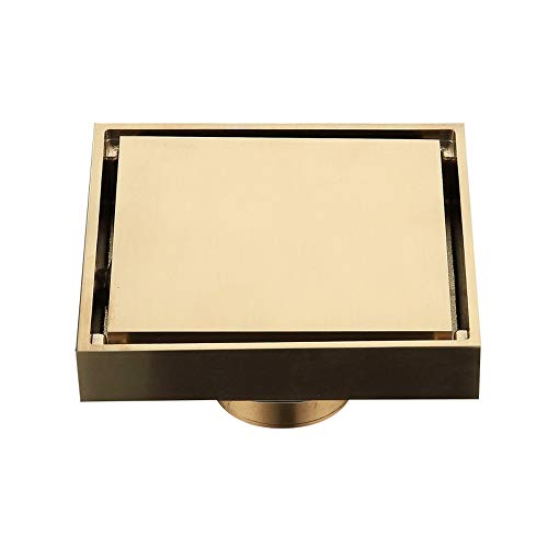 Antique Brass Body Square Floor Drain Hair Catcher Tile Insert Non Slip Shower Drain Cover Embedded for Bathroom Home Hotel Toilet,Removable Flat Cover (Gold)