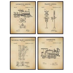 railroad patent art prints - vintage wall art poster set - chic rustic home decor for living room, bedroom, kitchen, man cave, office, kids, boys, game room - gift for train and locomotive fans - 8x10