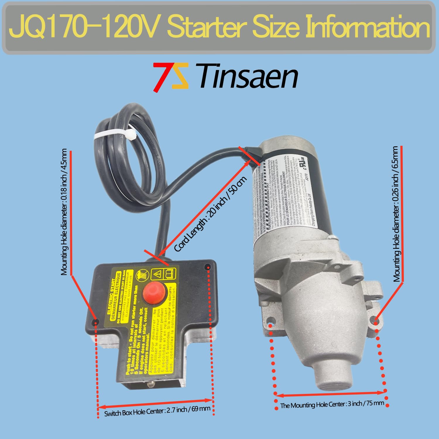 Tinsaen 951-10645 Electric Starter Motor JQ170 Replacement 751-10645 for Troy-Bilt MTD Cub Cadet Craftsman 951-10645A 751-10645A Snowblower Snow Thrower,17T 120V 208cc