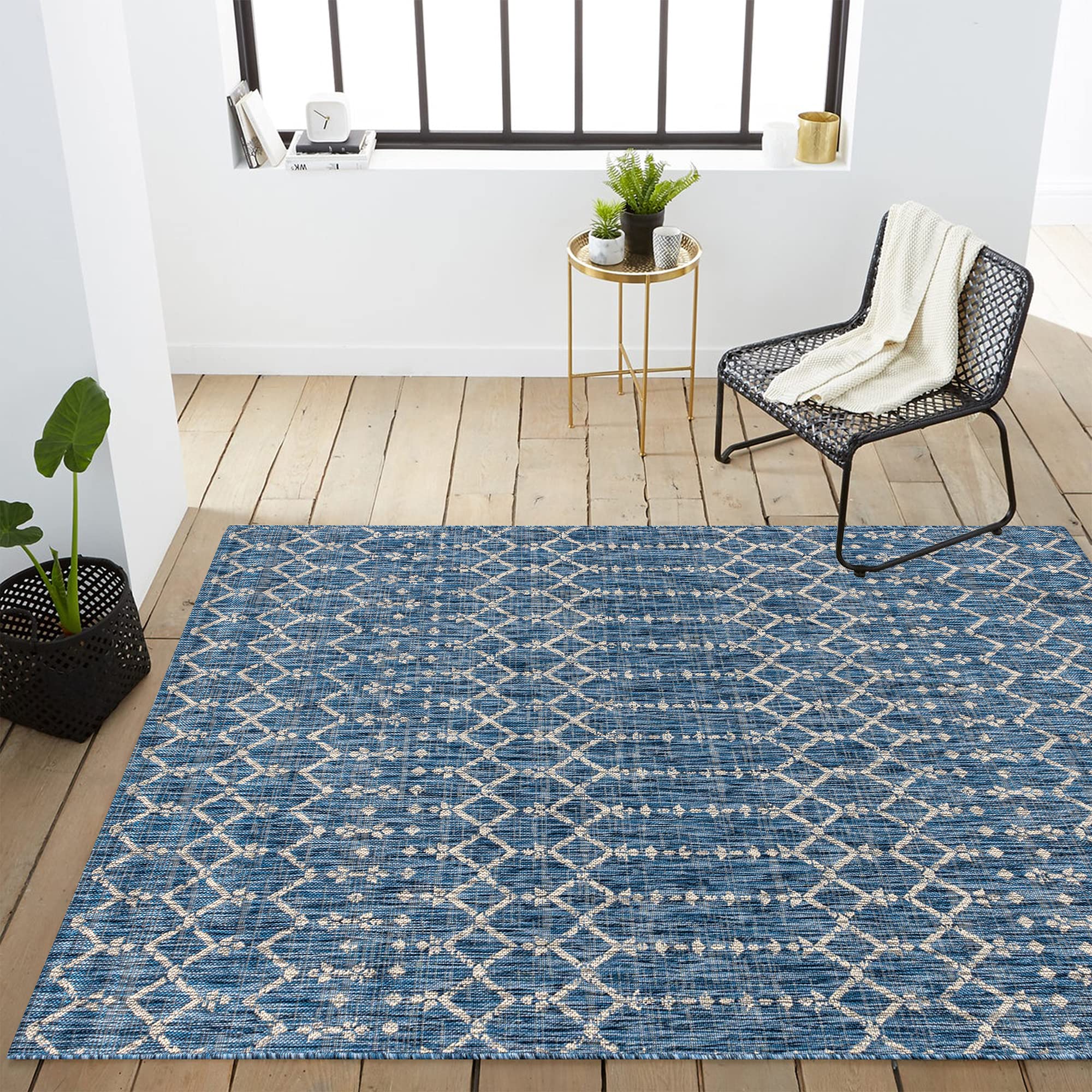 JONATHAN Y SMB108B-3 Ourika Moroccan Geometric Textured Weave Indoor Outdoor -Area Rug, Bohemian, Rustic, Scandinavian Easy-Cleaning,Bedroom,Kitchen,Backyard,Patio,Non Shedding, Navy/Light Gray, 3 X 5