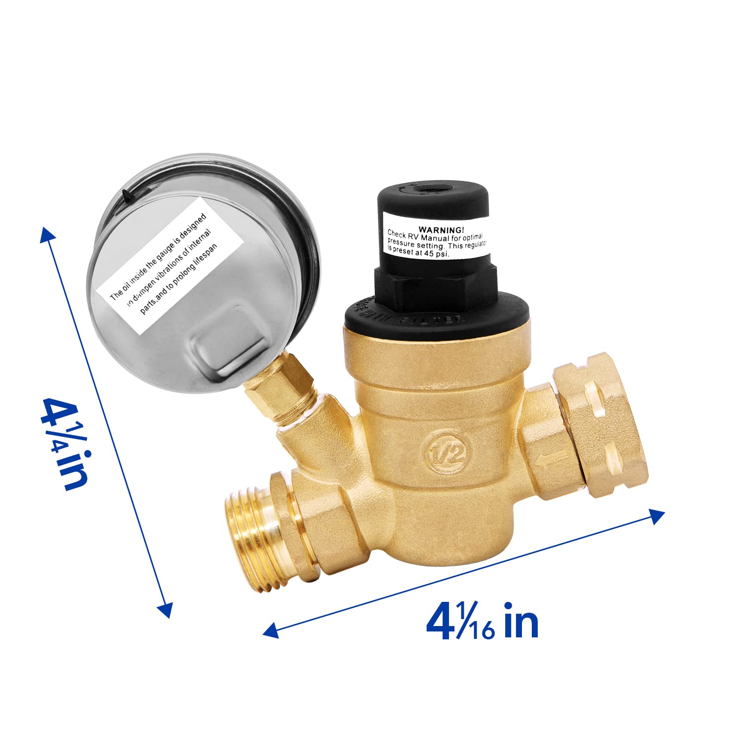 Accumeter 3/4 Lead-Free Water Pressure Regulator Brass Water Valve with Gauge, Adjustable Pressure Reducer for RV Camper, Build in Oil, NH Thread