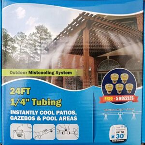 patio misting system with brass/stainless steel misting nozzle. outdoor cooling system. 24 ft 1/4'' beige tubing - 4 nozzles system. best mistcooling system. patio misting | outdoor living | drip irrigation system