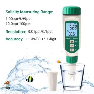 Digital Salinity Meter,Electronic Waterproof Water Quality Temp Test Meter ,0.00ppt-9.99ppt, 10.0ppt-50ppt Seawater Pool Aquarium Fish Multifunction Salinity Guage