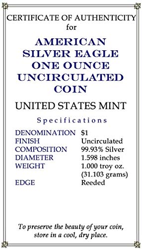 2019 - American Silver Eagle .999 Fine Silver with Our Certificate of Authenticity Dollar Uncirculated US Mint