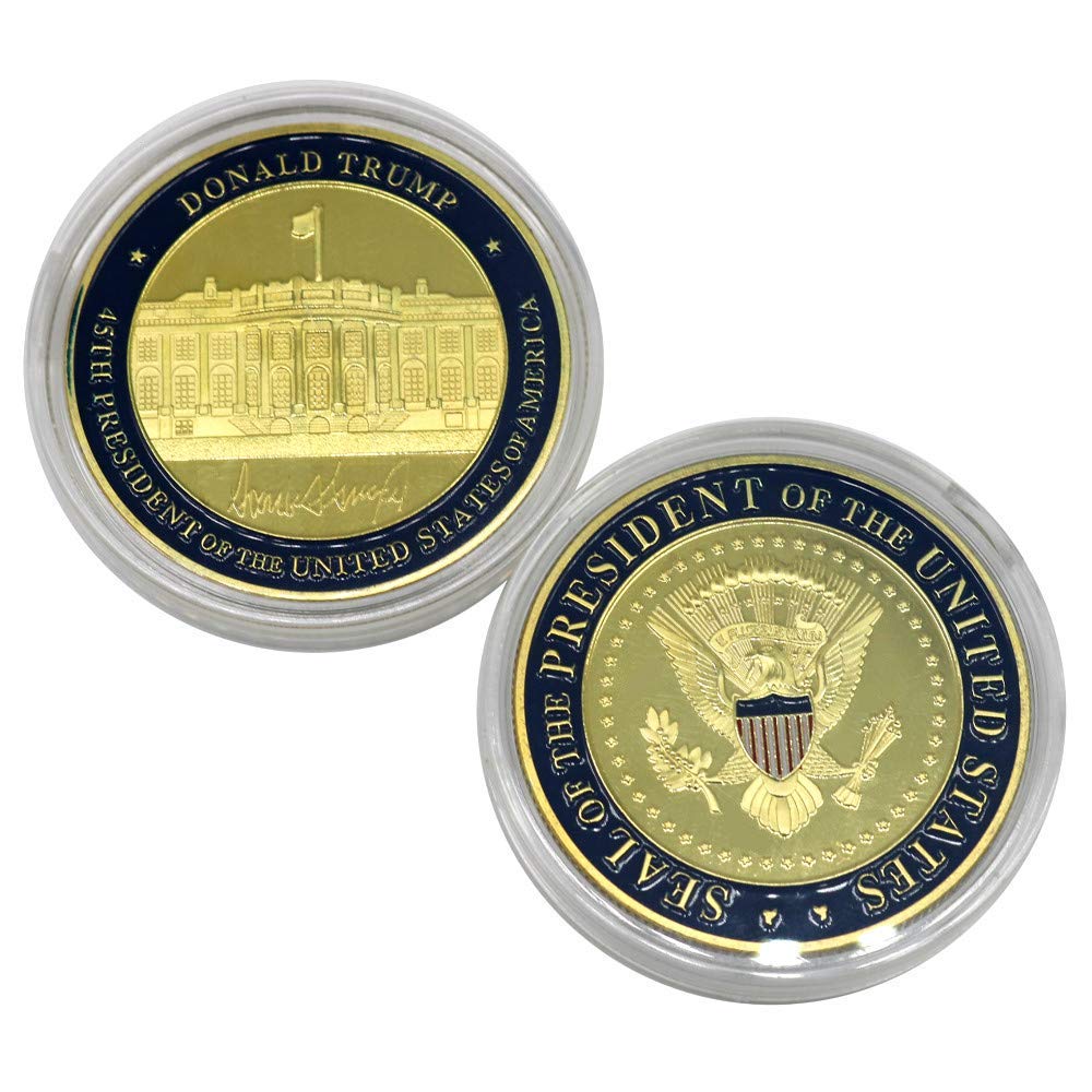 5 Pack Donald Trump Gold Plated Coin, Seal of The President Challenge Coins, Commemorative Gift with Case and Stand