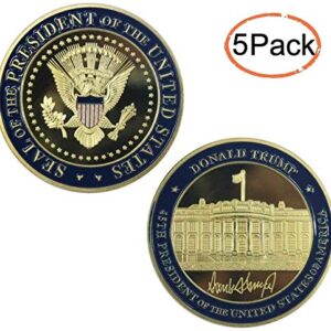 5 Pack Donald Trump Gold Plated Coin, Seal of The President Challenge Coins, Commemorative Gift with Case and Stand