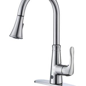 Touchless Kitchen Faucet with Pull Down Spray Head, Two Sensors Single Handle High Arc 2-Function Kitchen Sink Faucets with Pull Out Sprayer, 1&4 Hole Deck Mount, Brushed Nickel PVD,KNACK