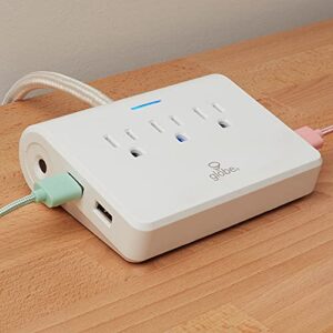 GLOBE Designer Series 3-Outlet USB Surge Protector Desktop Power Strip, 4x USB Ports, 3 Grounded Outlets, 6ft Fabric Power Cord, Reset Button, White Finish,78428