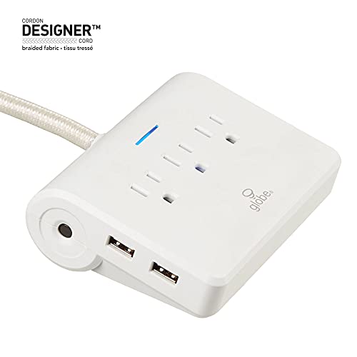 GLOBE Designer Series 3-Outlet USB Surge Protector Desktop Power Strip, 4x USB Ports, 3 Grounded Outlets, 6ft Fabric Power Cord, Reset Button, White Finish,78428