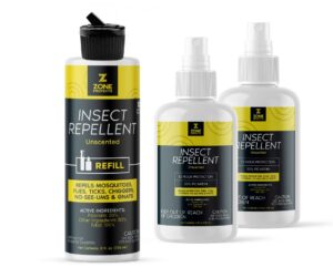 zone protects unscented picaridin insect repellent spray 2 pack + refill. deet-alternative. picaridin based. picaridin has 12-hr proven protection. picaridin repels ticks, gnats and mosquitoes.