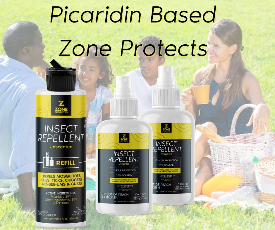 Zone Protects Unscented Picaridin Insect Repellent Spray 2 Pack + Refill. DEET-Alternative. Picaridin Based. Picaridin has 12-hr Proven Protection. Picaridin Repels Ticks, Gnats and Mosquitoes.