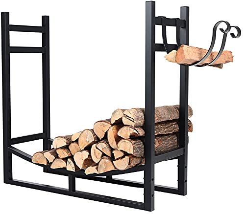 PHI VILLA Heavy Duty Firewood Racks Indoor/Outdoor Log Rack with Kindling Holder, 30 Inches Tall, Black