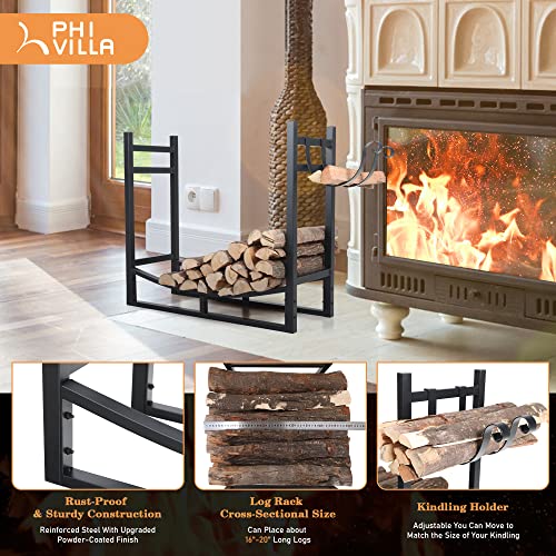 PHI VILLA Heavy Duty Firewood Racks Indoor/Outdoor Log Rack with Kindling Holder, 30 Inches Tall, Black