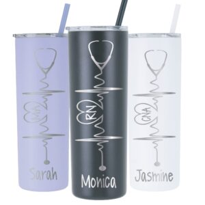 heartbeat nurse's personalized laser engraved 20 oz stainless steel skinny tumbler with custom stethoscope by avito - includes straw and lid - nurse rn, cna, pa - nurse gift
