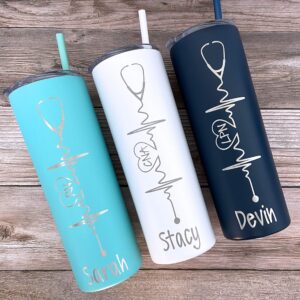 Heartbeat Nurse's Personalized Laser Engraved 20 oz Stainless Steel Skinny Tumbler with Custom Stethoscope by Avito - Includes Straw and Lid - Nurse RN, CNA, PA - Nurse Gift