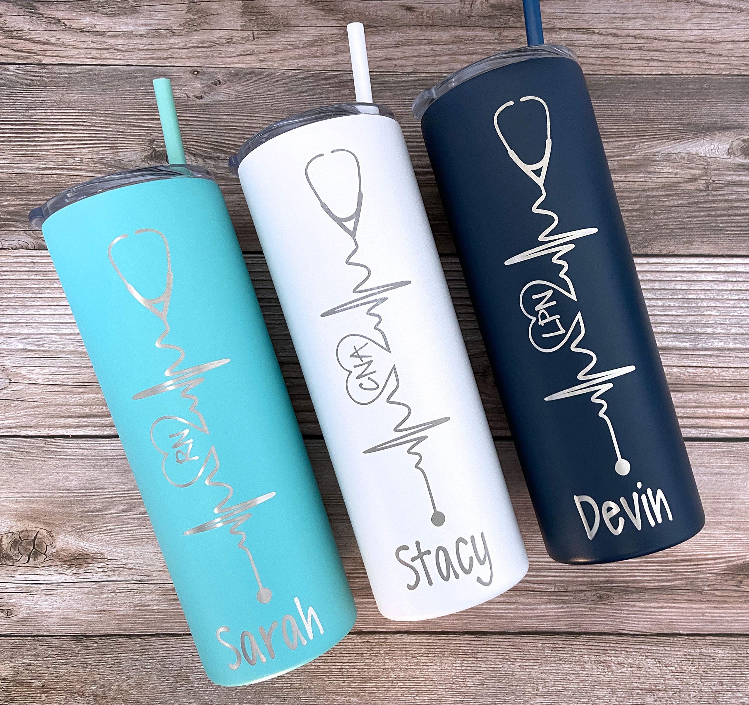 Heartbeat Nurse's Personalized Laser Engraved 20 oz Stainless Steel Skinny Tumbler with Custom Stethoscope by Avito - Includes Straw and Lid - Nurse RN, CNA, PA - Nurse Gift