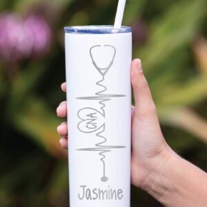 Heartbeat Nurse's Personalized Laser Engraved 20 oz Stainless Steel Skinny Tumbler with Custom Stethoscope by Avito - Includes Straw and Lid - Nurse RN, CNA, PA - Nurse Gift