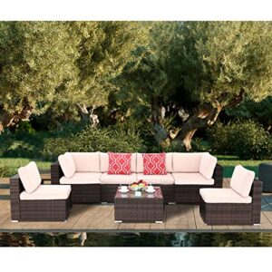 polar aurora 7 pieces outdoor patio sofa set pe rattan wicker sectional furniture outside couch w/washable seat cushions & modern glass coffee table