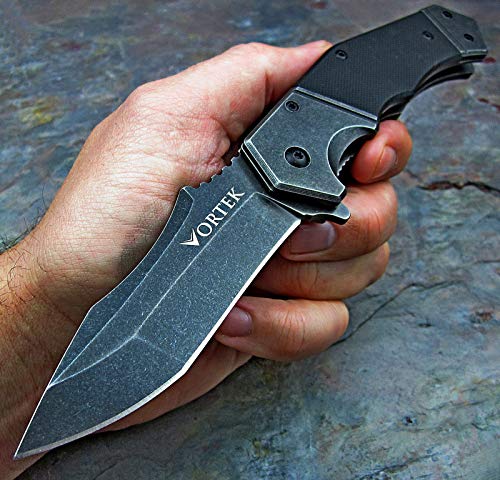 VORTEK SPROCKET: Black G10 Handles, Ball Bearing Pivot System, 8Cr13MoV Drop Point Blade, Great Everyday Carry Knife EDC with Stainless Steel Pommel