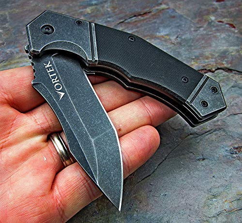 VORTEK SPROCKET: Black G10 Handles, Ball Bearing Pivot System, 8Cr13MoV Drop Point Blade, Great Everyday Carry Knife EDC with Stainless Steel Pommel