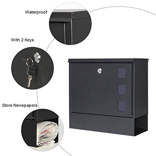 Locking Mailbox Wall Mounted Vertical– Jssmst mailboxes with Key Lock Large Capacity, 14.3 x 4.1 x 11.8 Inch, Black, SM-HPB911BN