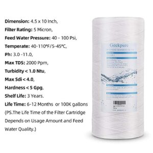 Geekpure 10 Inch String Wound PP Sediment Filter Cartridge for Whole House Water Filtration-4.5" X 10"-5 Micron