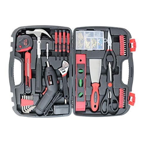 Small Home Tool Kit included Battery Screwdriver Cordless Women's Tool Kit with Case-SAVWAY P7994 Hand Tool Set with Black Toolbox for DIY Projects